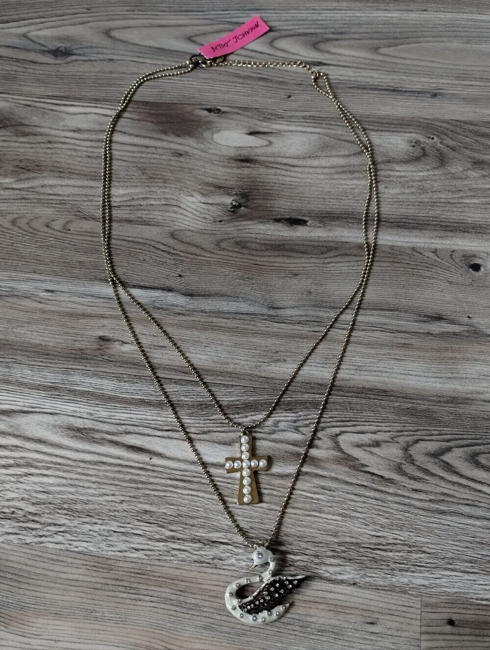 Betsey Johnson Swan & Cross Double Strandw Necklace